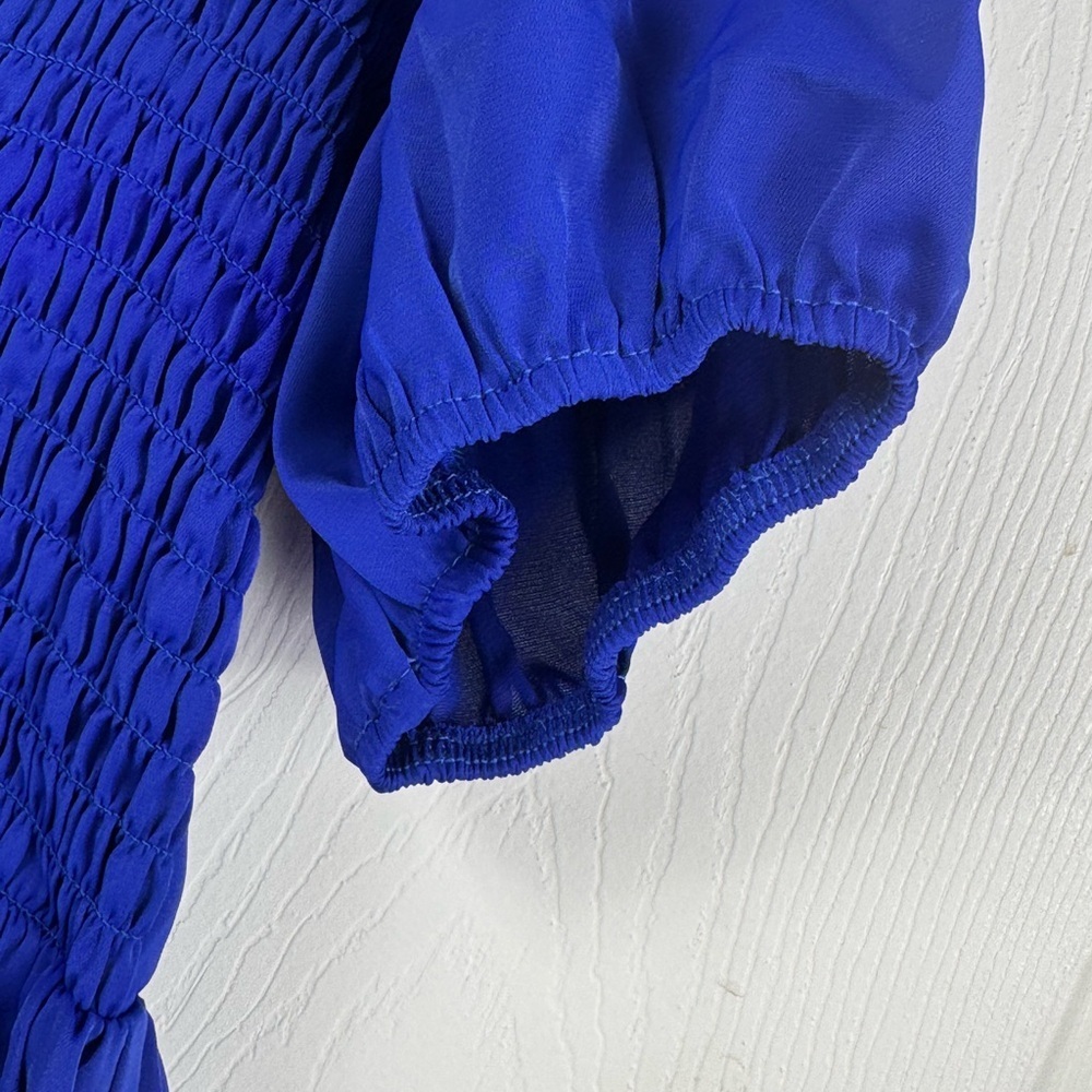 NWT Blue Smocked Off Shoulder Dress Large Stretchy Boho Mini - Picture 4 of 8